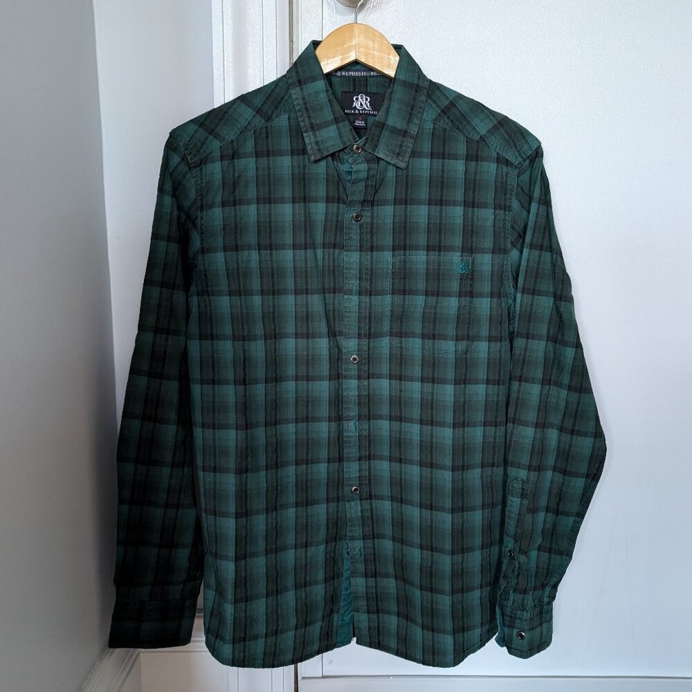 Rock & Republic Men's Casual Plaid Button-down shirt (Green-Black) (Small)